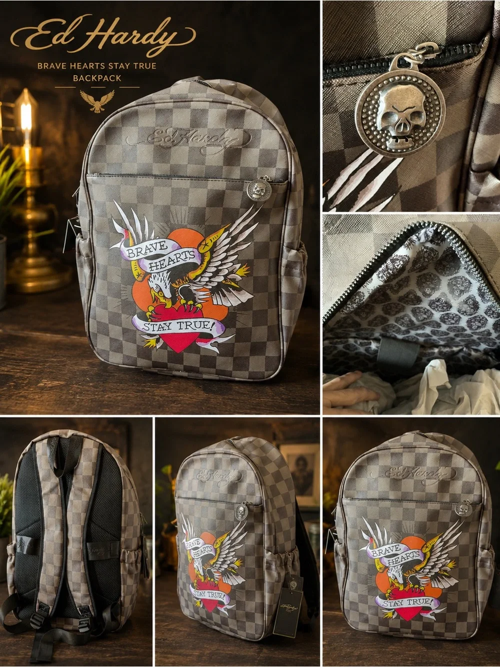 Ed Hardy Brown Check Brave Hearts Stay True Backpack